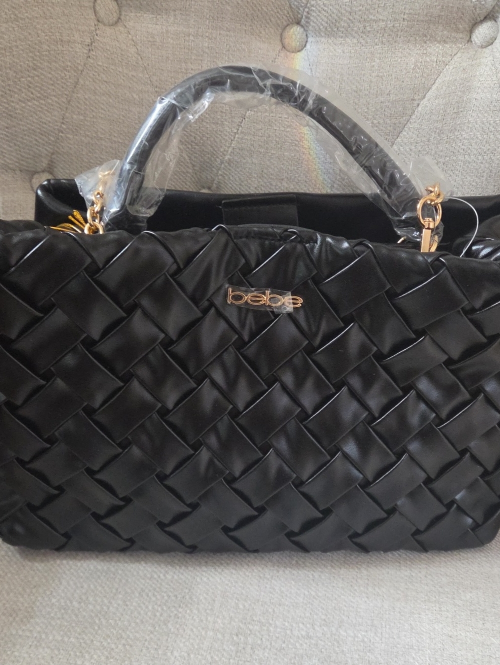 NWT bebe Black Woven Satchel with Gold Logo With Long Crossbody Strap